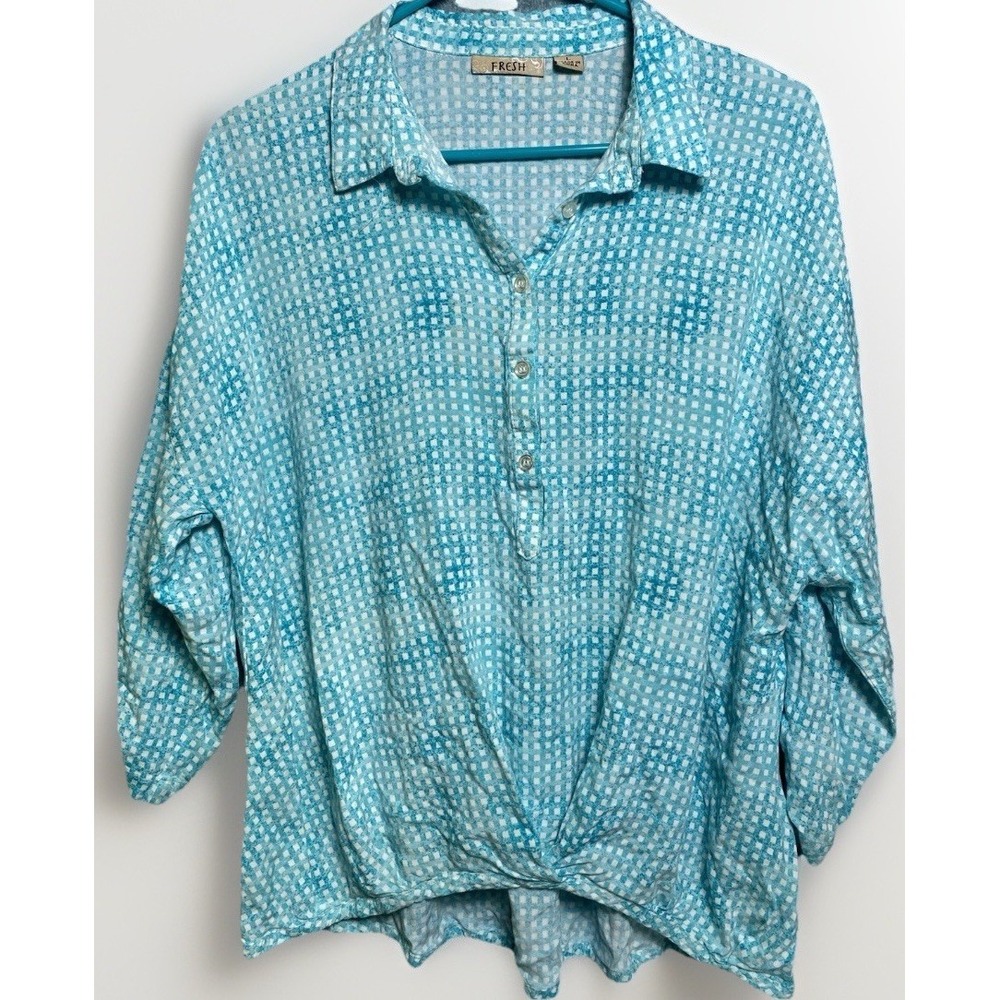 Fresh Women Blue White Gingham Twist Front Rayon Blouse 3/4 Sleeve‎ Top Large